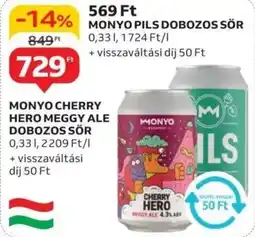 Auchan Monyo cherry hero meggy ale dobozos sör, monyo pils dobozos sör ajánlat