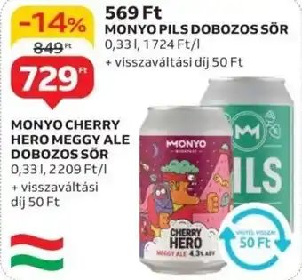 Auchan Monyo cherry hero meggy ale dobozos sör, monyo pils dobozos sör ajánlat