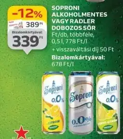 Auchan Soproni alkoholmentes vagy radler dobozos sör ajánlat