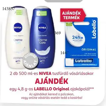 Rossmann 2 db 500 ml-es Nivea tusfürdő vásárlásakor ajándék egy 4,8 g-os Labello original ajakápoló! ajánlat