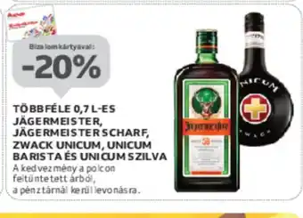 Auchan Többféle 0,7l-es Jägermeister, Jägermeister Scharf, Zwack Unicum, Unicum Barista és Unicum Szilva ajánlat