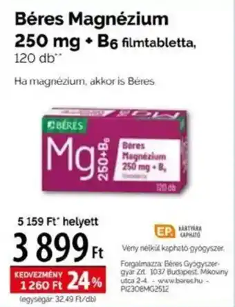 Pingvin Patika Béres Magnézium 250 mg + B6 filmtabletta ajánlat