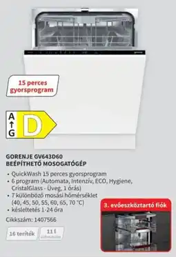 Media Markt Gorenje GV643D60 beépíthető mosogatógép ajánlat