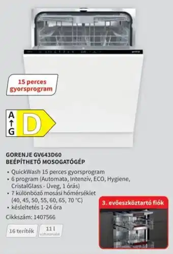 Media Markt Gorenje GV643D60 beépíthető mosogatógép ajánlat