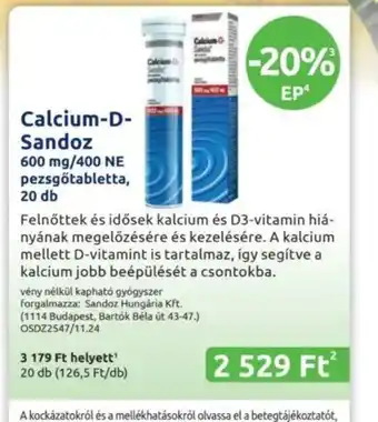 Benu Gyógyszertárak Calcium-D Sandoz ajánlat