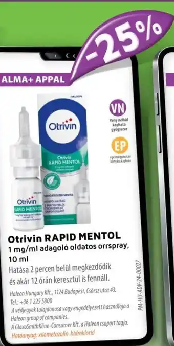 Alma Gyógyszertárak Otrivin RAPID MENTOL ajánlat