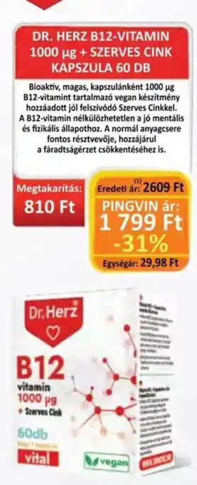 Pingvin Patika Dr. herz b12-vitamin 1000 μg + szerves cink kapszula ajánlat