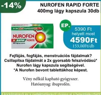 PatikaPlus Nurofen rapid forte -10% 400mg lágy kapszula ajánlat