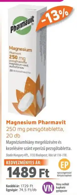 Alma Gyógyszertárak Magnesium pharmavit 250 mg pezsgőtabletta ajánlat