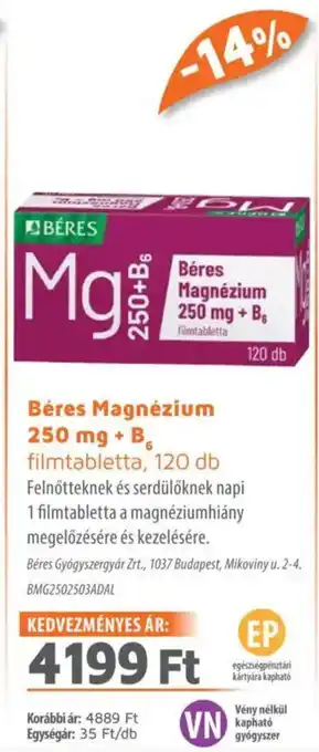 Alma Gyógyszertárak Béres magnézium 250 mg + b6 filmtabletta ajánlat