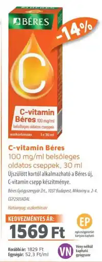 Alma Gyógyszertárak C-vitamin béres 100 mg/ml belsöleges oldatos cseppek ajánlat