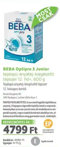 Alma Gyógyszertárak Beba optipro 3 junior tejalapú anyatej-kiegészítő tápszer ajánlat