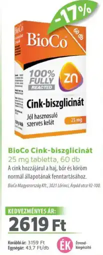 Alma Gyógyszertárak Bioco cink-biszglicinát 25 mg tabletta ajánlat