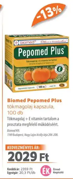 Alma Gyógyszertárak Biomed Pepomed Plus tökmagolaj kapszula ajánlat