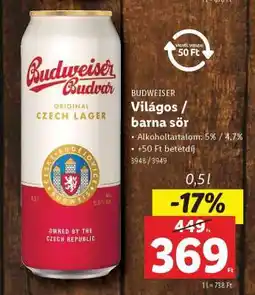 Lidl BUDWEISER Világos* / barna sör ajánlat