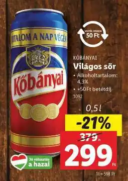 Lidl KŐBÁNYAI Világos sör ajánlat