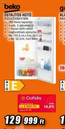 Expert Beko egyajtós hűtő rssa290m41wn ajánlat