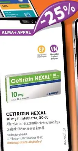 Alma Gyógyszertárak Cetirizin HEXAL filmtabletta ajánlat