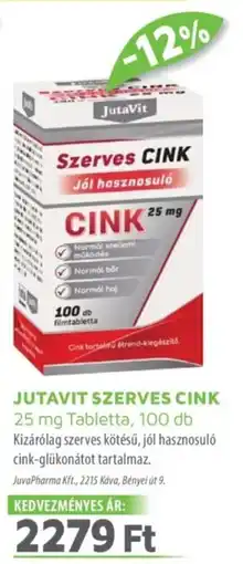 Alma Gyógyszertárak JUTAVIT SZERVES CINK Tabletta ajánlat