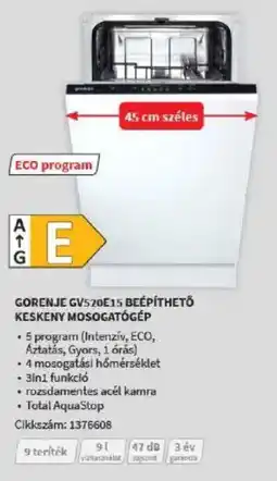 Media Markt Gorenje gv520e15 beépíthető keskeny mosogatógép ajánlat