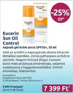 Benu Gyógyszertárak Eucerin Sun Oil Control napozó gél-krém arcra SPF50+ ajánlat