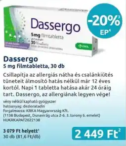Benu Gyógyszertárak Dassergo filmtabletta ajánlat