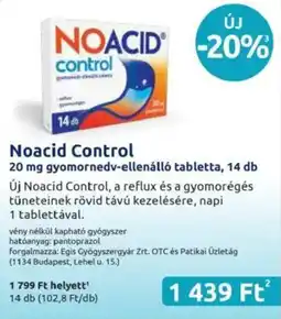 Benu Gyógyszertárak Noacid Control gyomornedv-ellenálló tabletta ajánlat