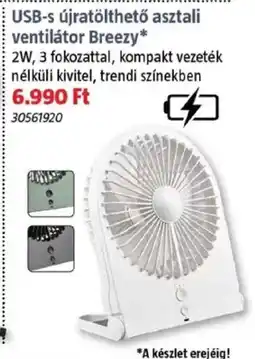 Bauhaus USB-s újratölthető asztali ventilátor Breezy ajánlat