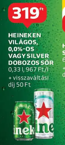 Auchan Heineken világos, 0,0%-os vagy silver dobozos sör ajánlat