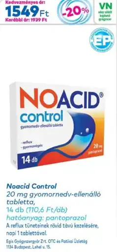 Gyöngy Patikák Noacid Control gyomornedv-ellenálló tabletta ajánlat