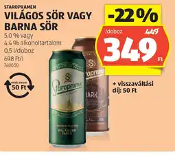 ALDI Staropramen világos sör vagy barna sör ajánlat