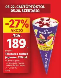 Lidl BALLINO Tölcséres sorbet jégkrém, 120 ml ajánlat