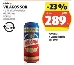ALDI KŐBÁNYAI Világos sör ajánlat