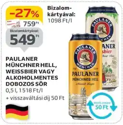 Auchan PAULANER MÜNCHNER HELL, WEISSBIER VAGY ALKOHOLMENTES DOBOZOS SÖR ajánlat