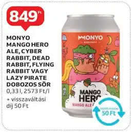 Auchan MONYO Mango Hero Ale, Cyber Rabbit, Dead Rabbit, Flying Rabbit vagy Lazy Pirate dobozos sör ajánlat