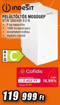 Expert INDESIT Felültöltős mosógép BTW S60400 EU N ajánlat