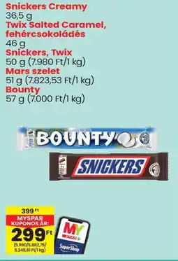 Spar Snickers Creamy / Twix Salted Caramel, fehércsokoládés / Snickers, Twix / Mars / Bounty ajánlat