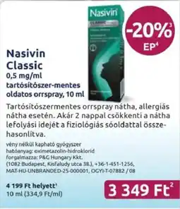 Benu Gyógyszertárak Nasivin Classic tartósítószer-mentes oldatos orrspray ajánlat