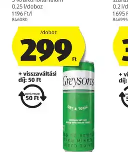 ALDI Greyson's Gin LO TO PERFE TION MIXED MIXED TO PE Tonic ajánlat