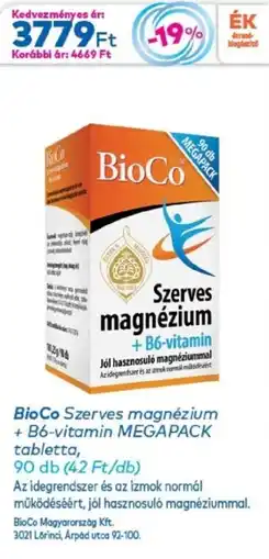 Gyöngy Patikák BioCo Szerves magnézium + B6-vitamin tabletta ajánlat