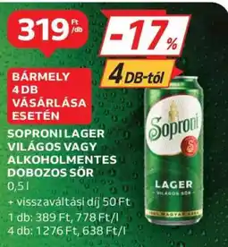 Auchan Soproni Lager Világos vagy Alkoholmentes Dobozos Sör ajánlat