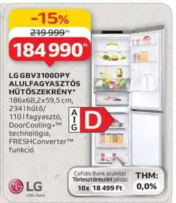 Auchan LG GBV3100DPY Alulfagyasztós Hűtőszekrény ajánlat