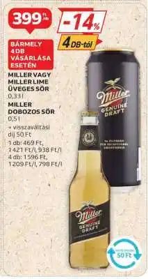 Auchan Miller vagy Miller Lime üveges sör 0,33 l / Miller dobozos sör 0,5 l ajánlat
