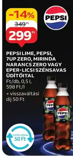 Auchan Pepsi Lime, Pepsi, 7UP Zero, Mirinda Narancs Zero vagy Eper-Licsi szénsavas üdítőital ajánlat