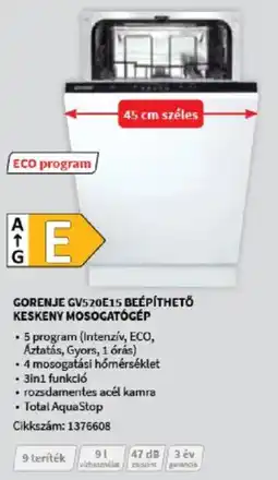 MediaMarkt Gorenje GV520E15 beépíthető keskeny mosogatógép ajánlat