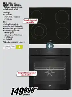 MediaMarkt Beko HIC-64402 beépíthető kerámia főzőlap + BBIE17300B beépíthető sütő ajánlat