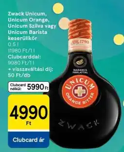 Tesco Zwack Unicum, Unicum Orange, Unicum Szilva vagy Unicum Barista keserűlikőr ajánlat