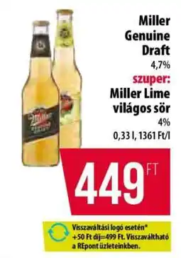 Coop Miller Genuine Draft / Miller Lime világos sör ajánlat