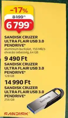 Auchan SANDISK CRUZER ULTRA FLAIR USB 3.0 PENDRIVE 64 GB ajánlat