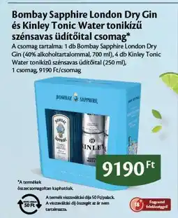 EcoFamily Bombay Sapphire London Dry Gin és Kinley Tonic Water tonikízú szénsavas üdítőital csomag ajánlat